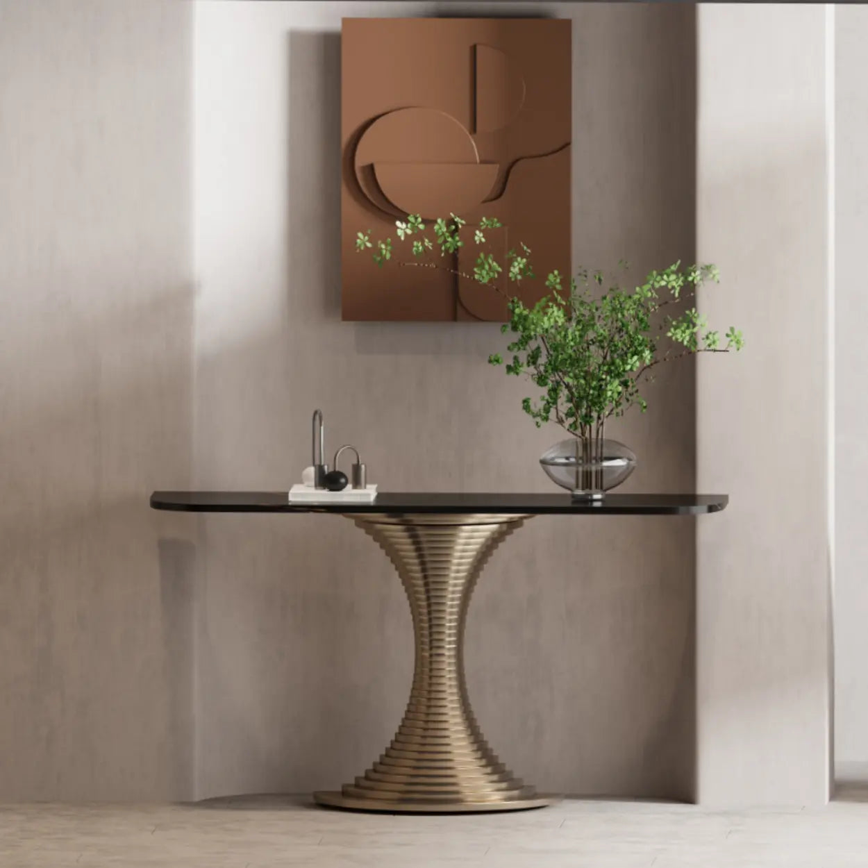 Pedestal Half-Moon Sintered Stone Console Table — Brown-White