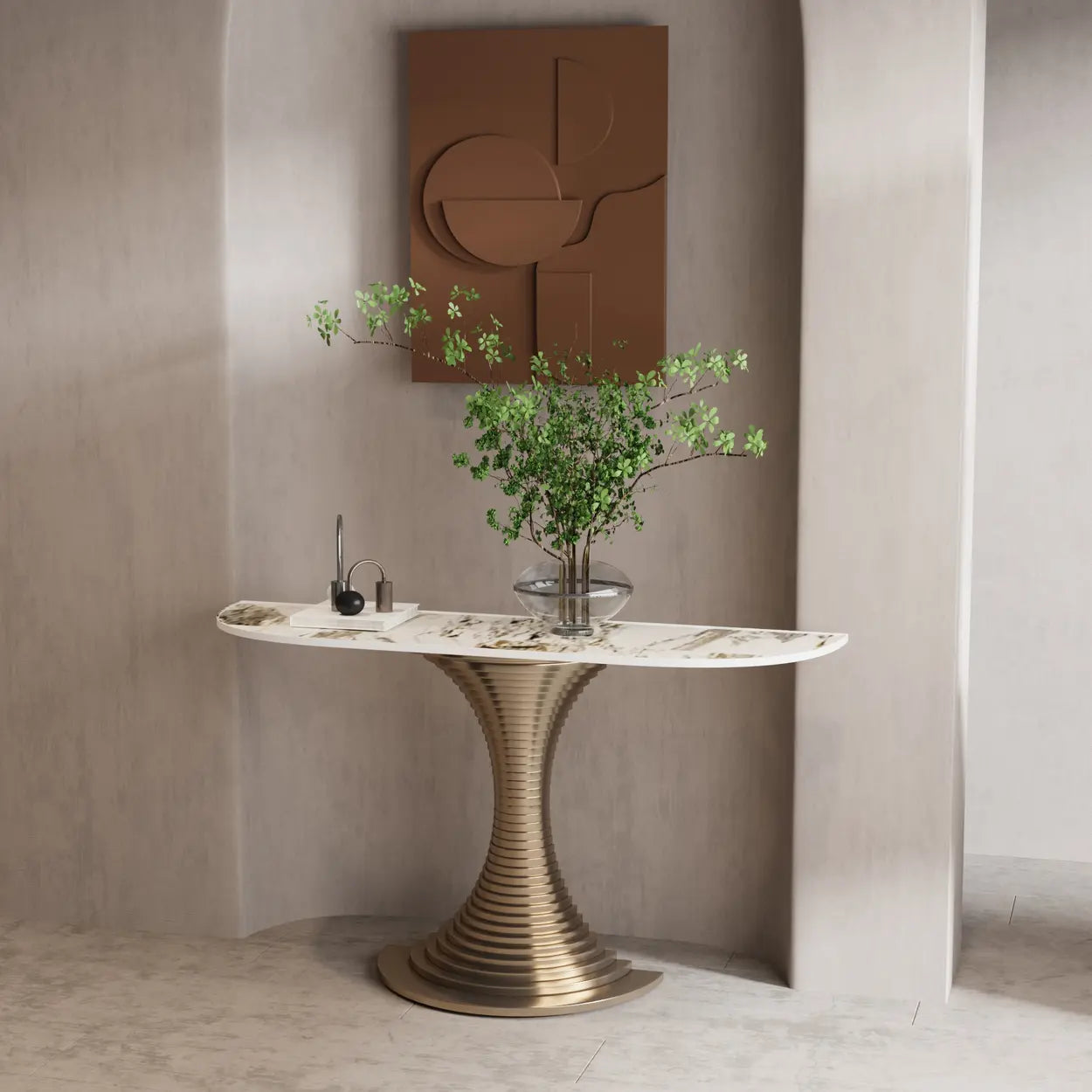 Pedestal Half-Moon Sintered Stone Console Table — Black