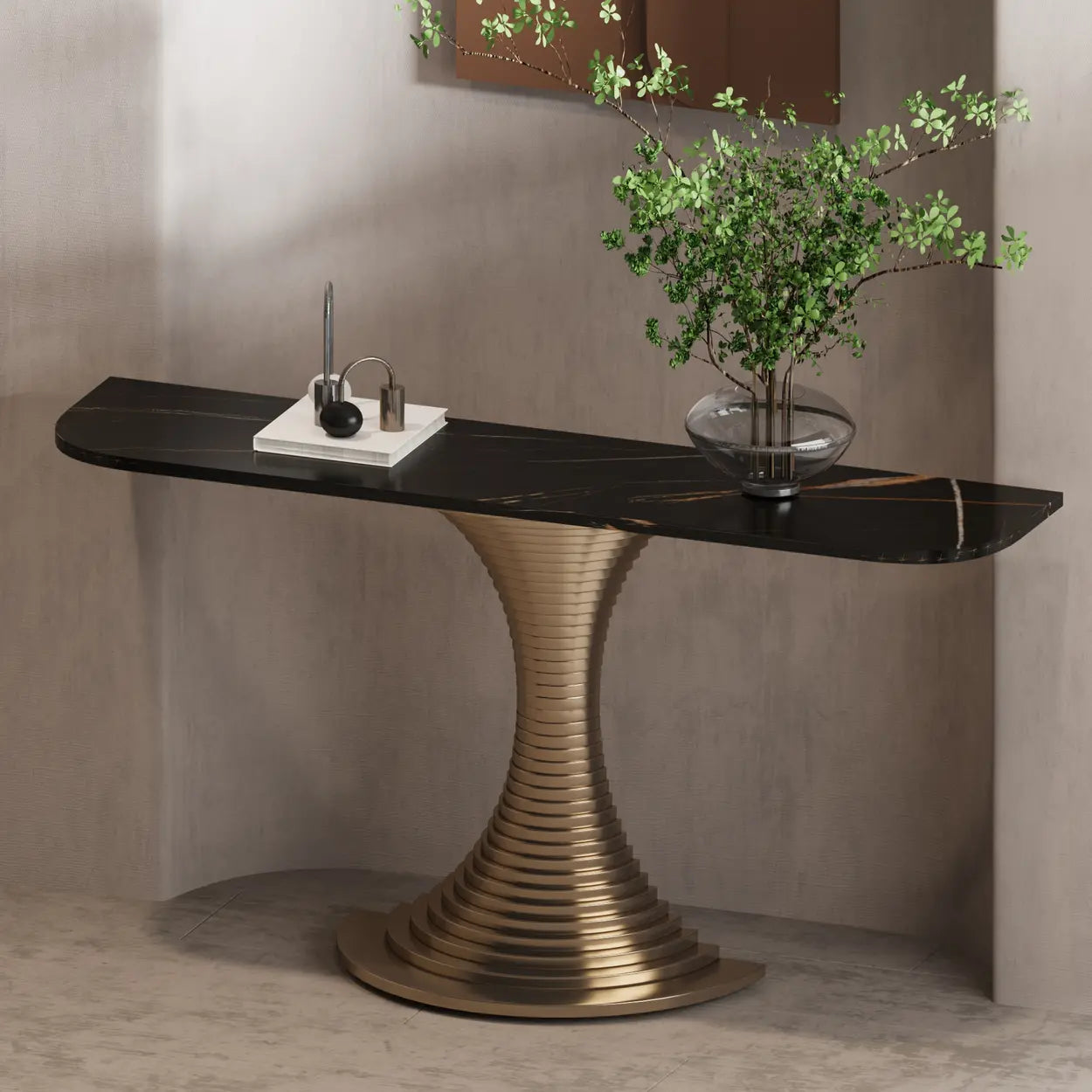Pedestal Half-Moon Sintered Stone Console Table — Brown-White