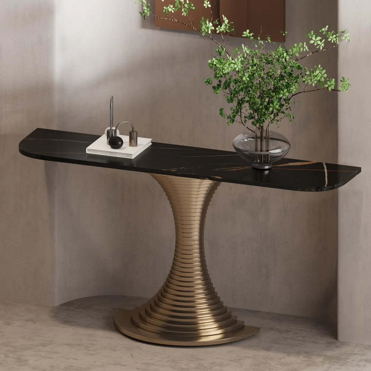 Pedestal Half-Moon Sintered Stone Console Table — Brown-White
