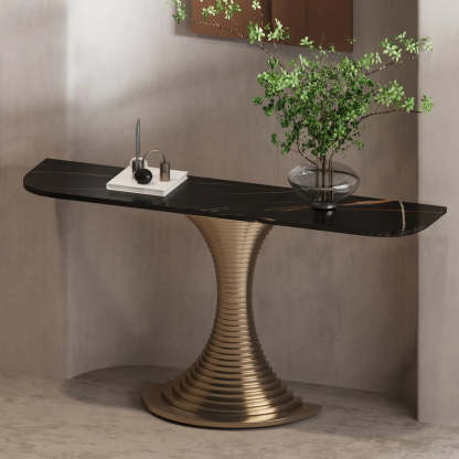 Pedestal Half-Moon Sintered Stone Console Table — Brown-White
