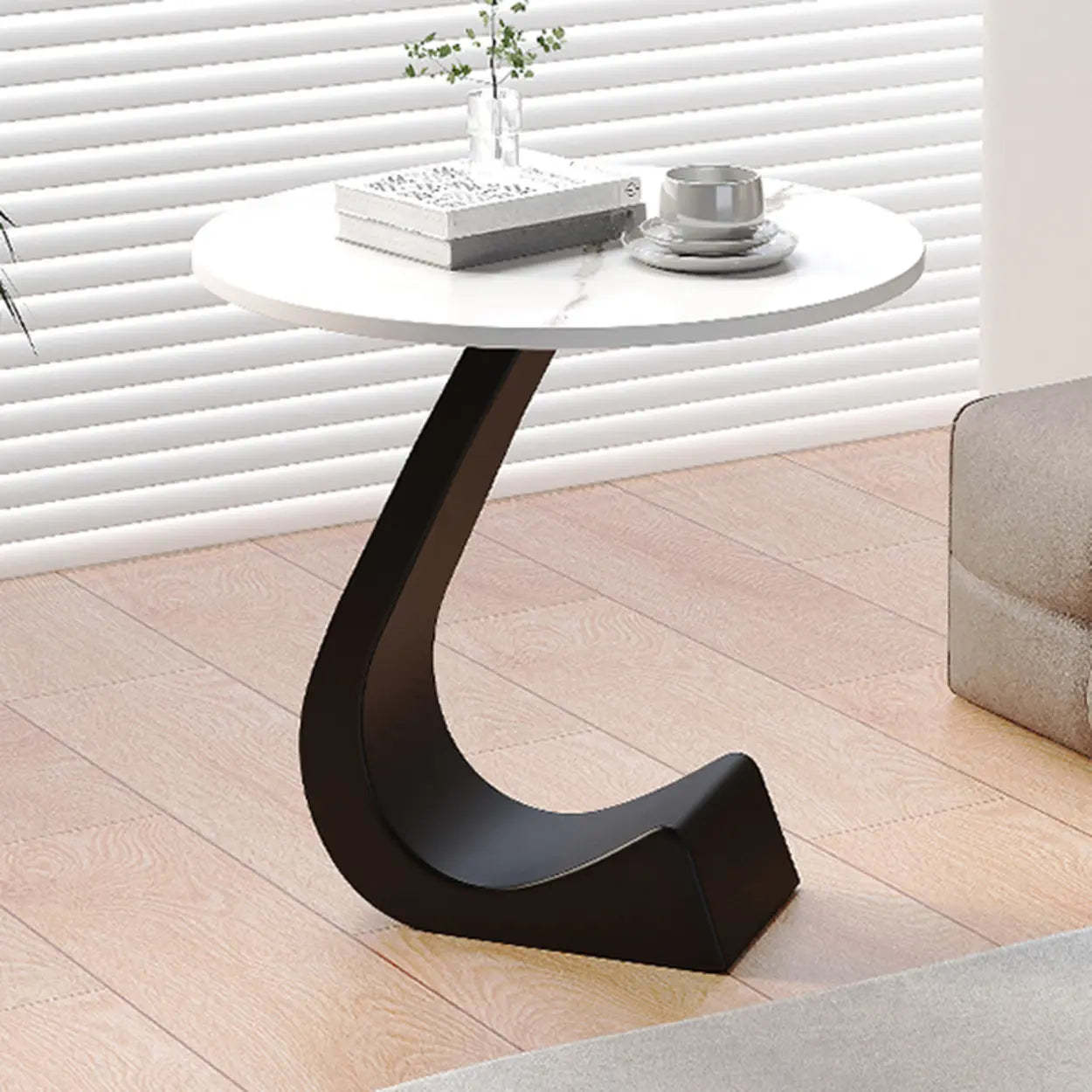 Round Sintered Stone Pedestal Chairside Table — Black / Black