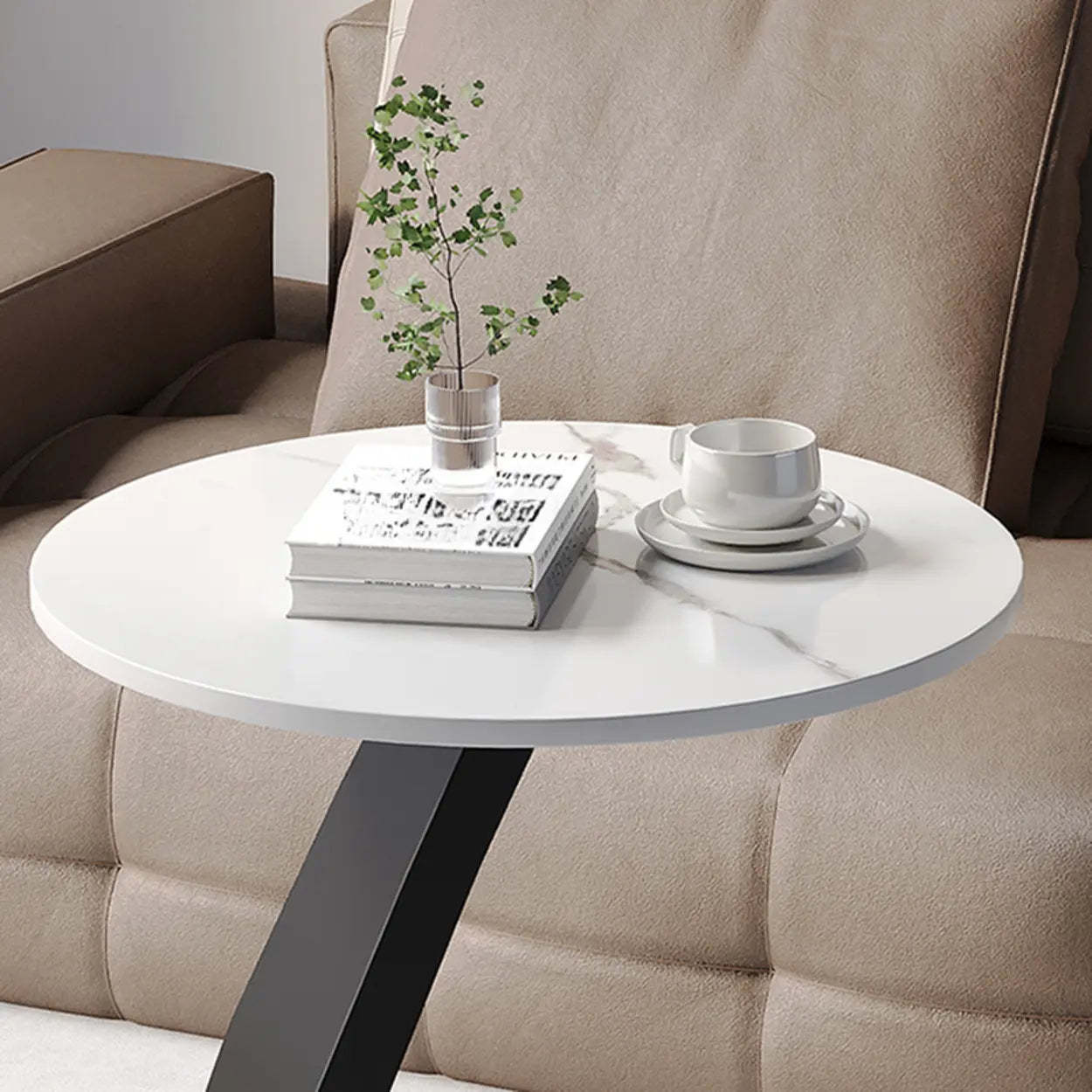 Round Sintered Stone Pedestal Chairside Table — White / White