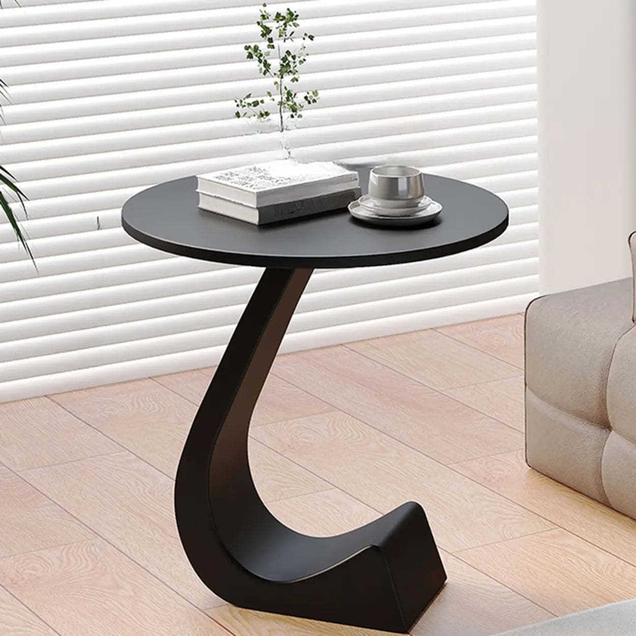 Round Sintered Stone Pedestal Chairside Table — Black / White
