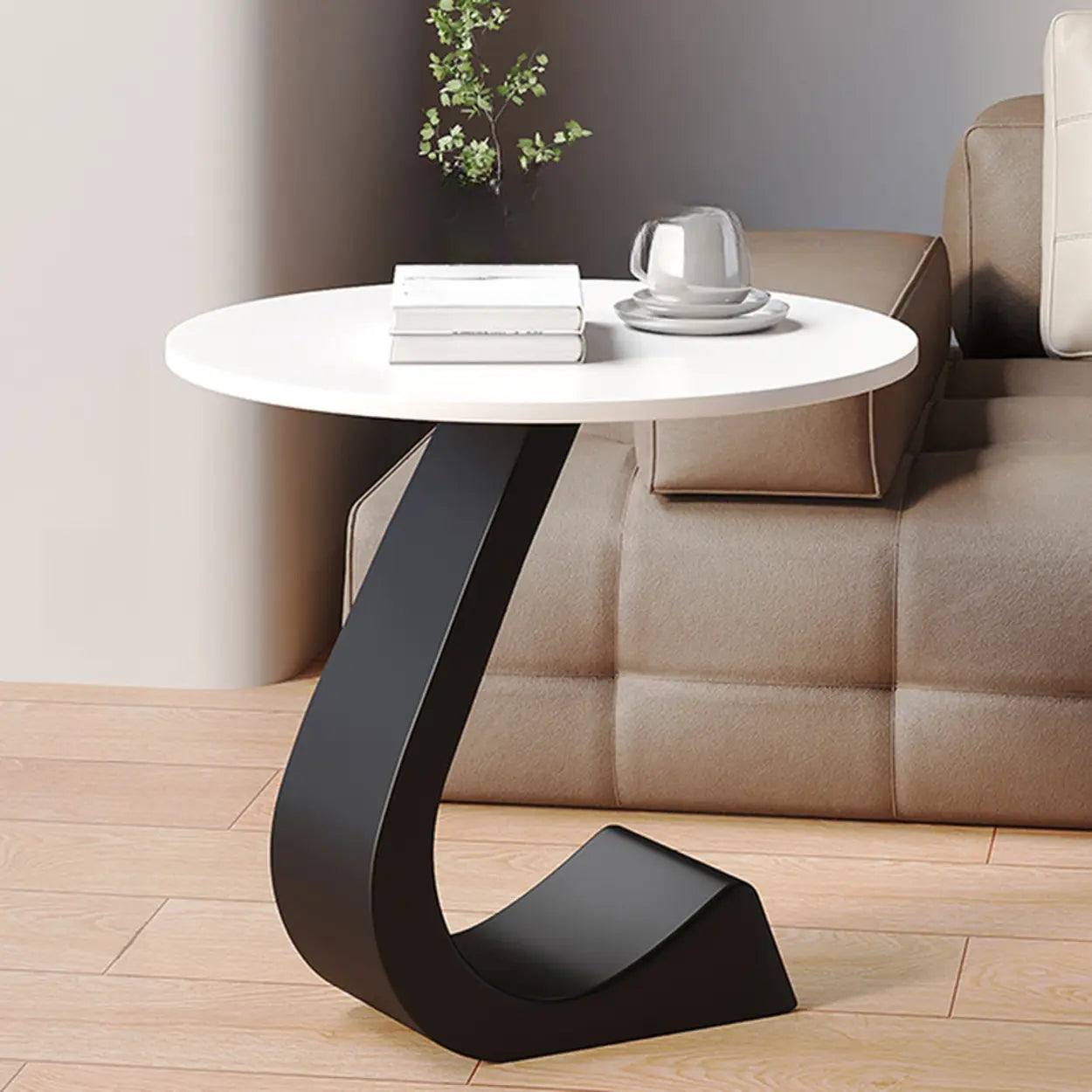 Round Sintered Stone Pedestal Chairside Table — White / Black