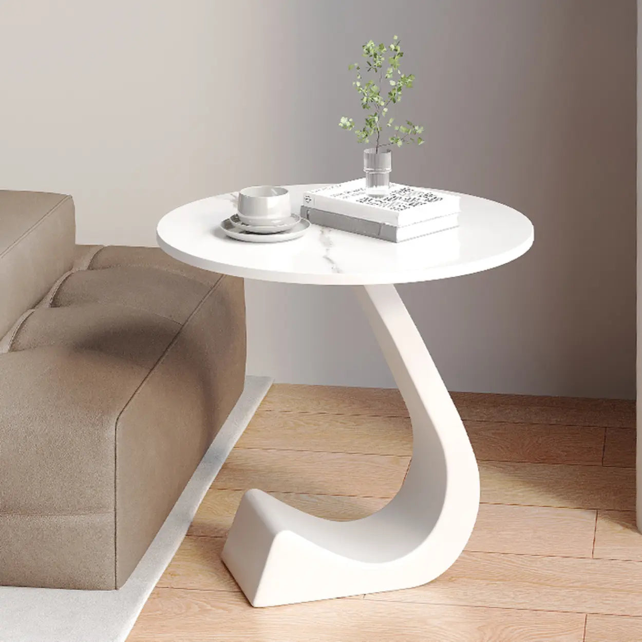 Round Sintered Stone Pedestal Chairside Table — Black / White