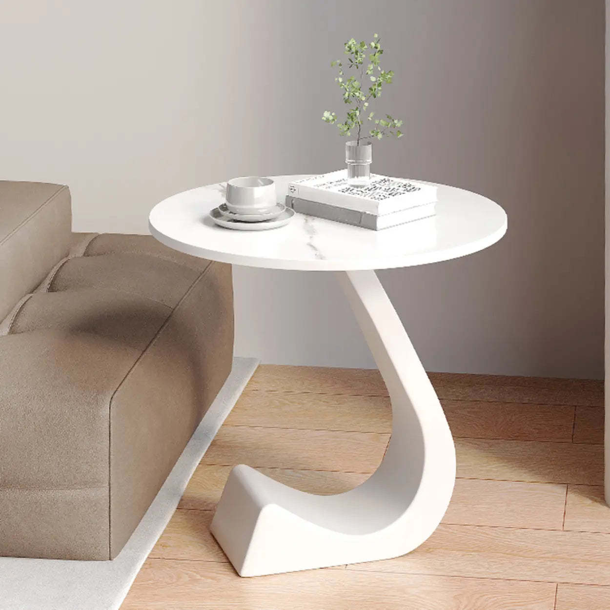 Round Sintered Stone Pedestal Chairside Table — Black / White