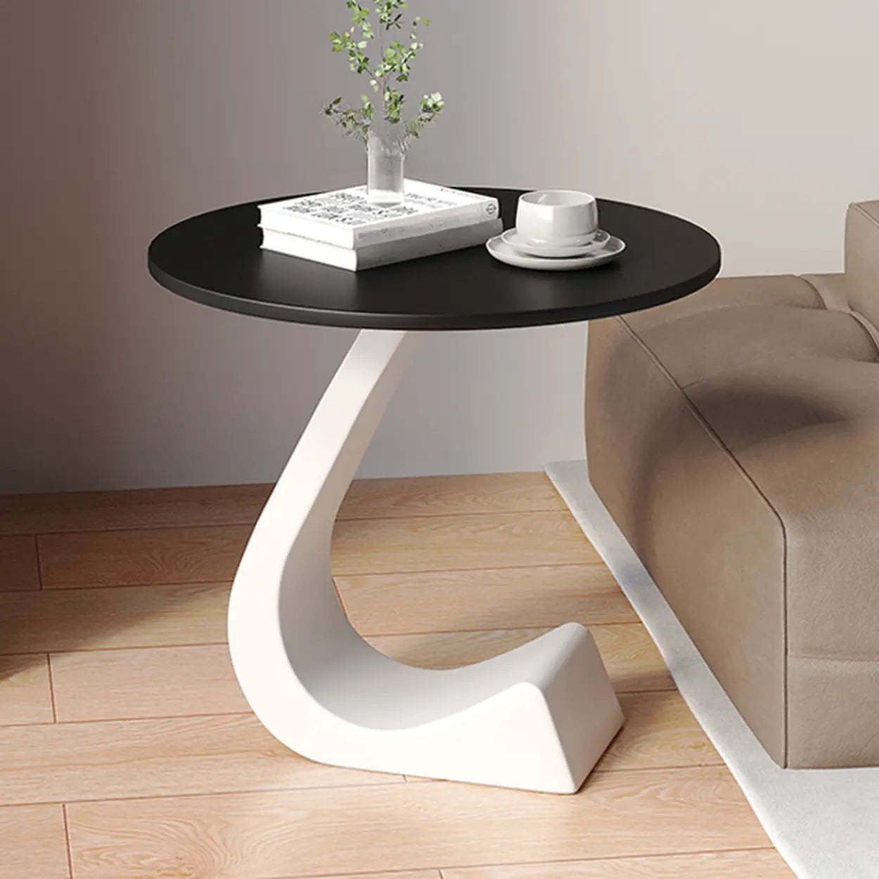 Round Sintered Stone Pedestal Chairside Table — White / Black