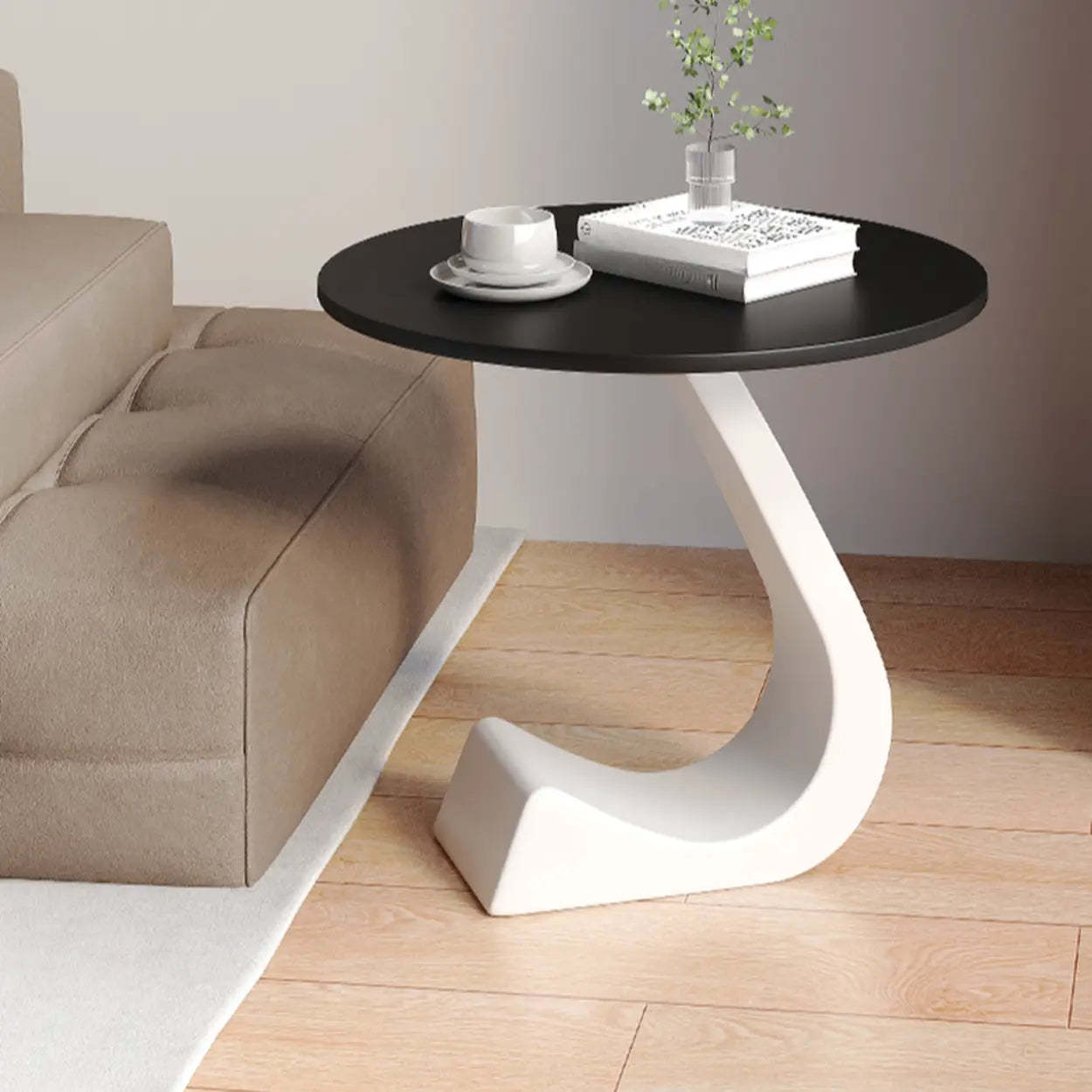 Round Sintered Stone Pedestal Chairside Table — White / White
