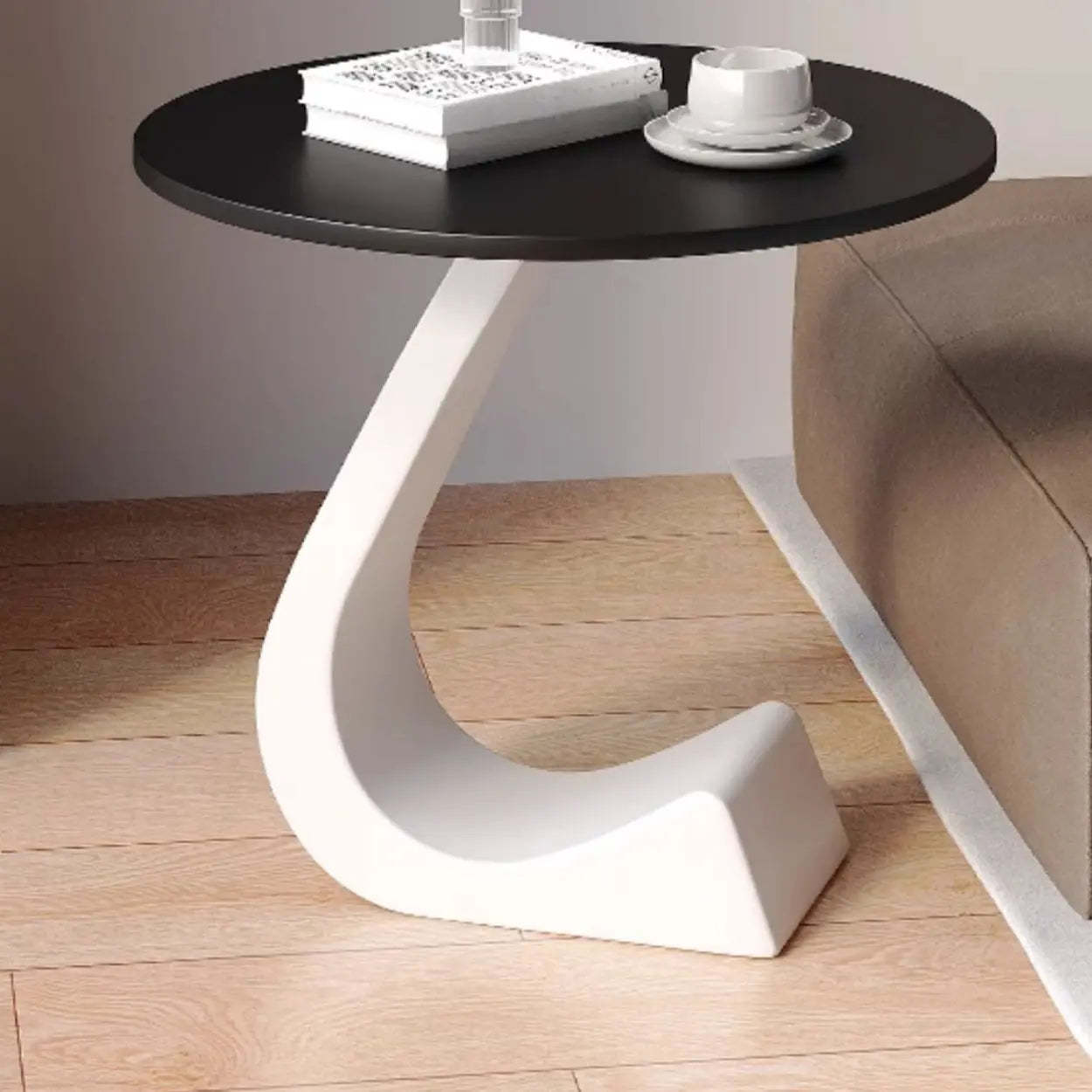Round Sintered Stone Pedestal Chairside Table — Black / Black