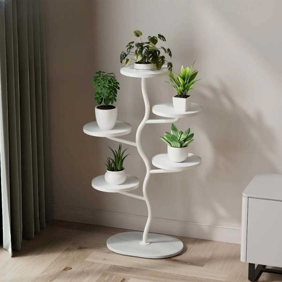 White Stone Tree Round Tray Plant Stand — Black