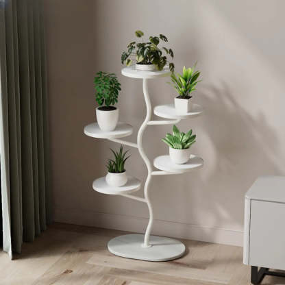 White Stone Tree Round Tray Plant Stand — Black