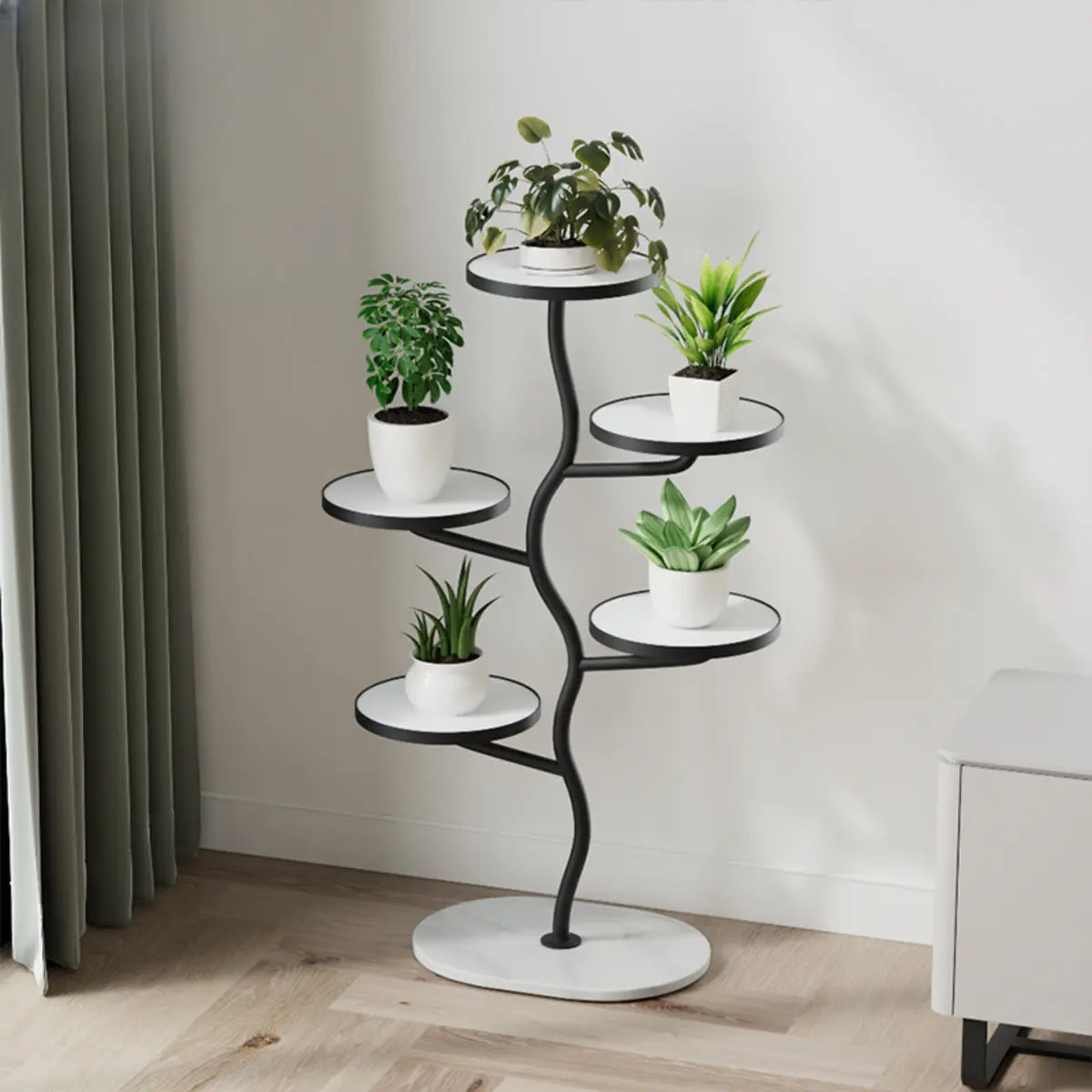 White Stone Tree Round Tray Plant Stand — Gold-Black