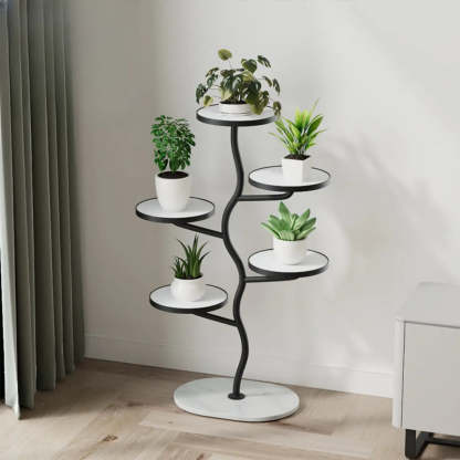 White Stone Tree Round Tray Plant Stand — Gold-Black