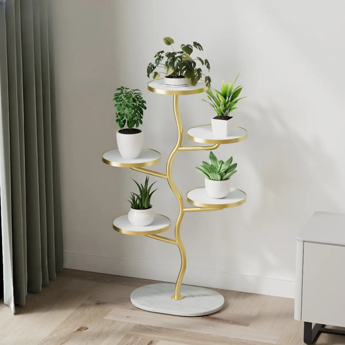 White Stone Tree Round Tray Plant Stand — White
