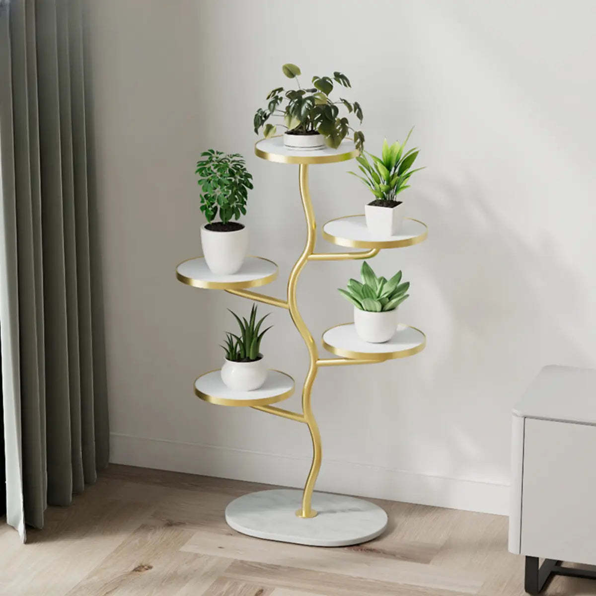 White Stone Tree Round Tray Plant Stand — White