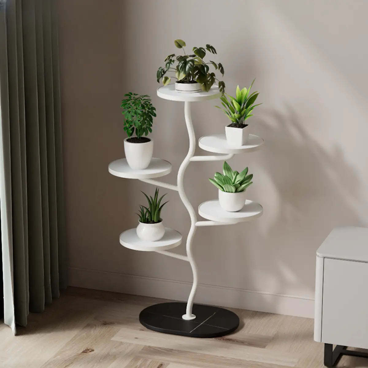 White Stone Tree Round Tray Plant Stand — White-Black
