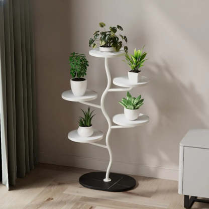 White Stone Tree Round Tray Plant Stand — White-Black