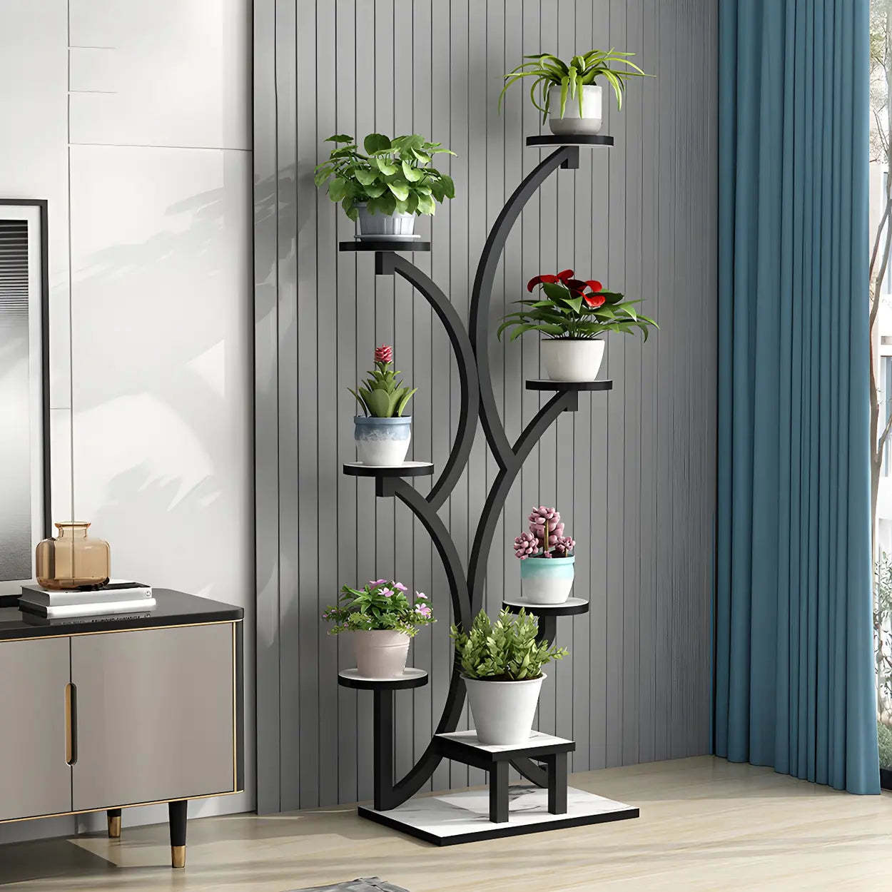 Tree-Shaped Black Metal Round Plant Stand — Black