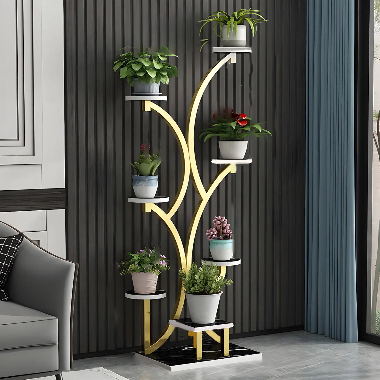 Tree-Shaped Black Metal Round Plant Stand