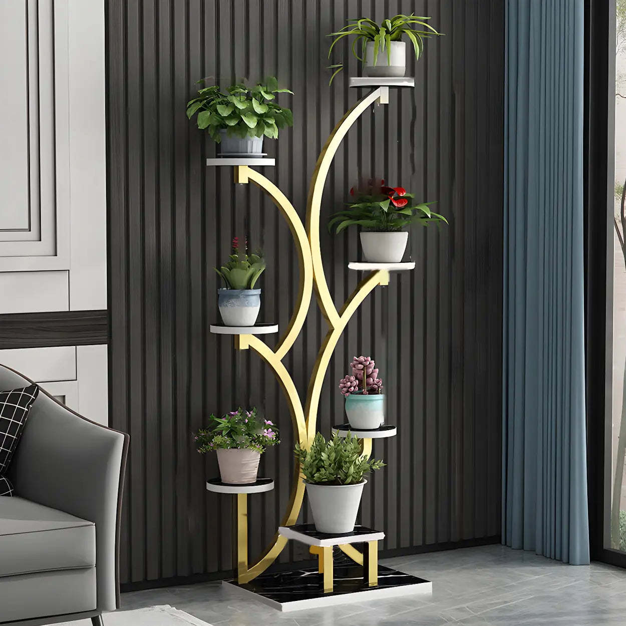 Tree-Shaped Black Metal Round Plant Stand