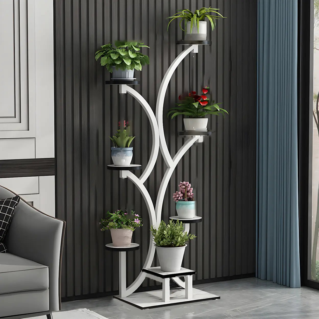 Tree-Shaped Black Metal Round Plant Stand — Black-White