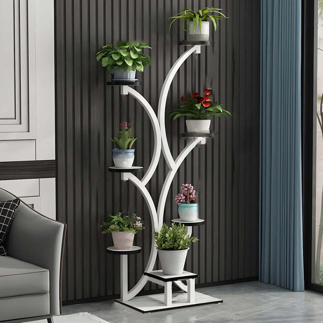 Tree-Shaped Black Metal Round Plant Stand — Black-White