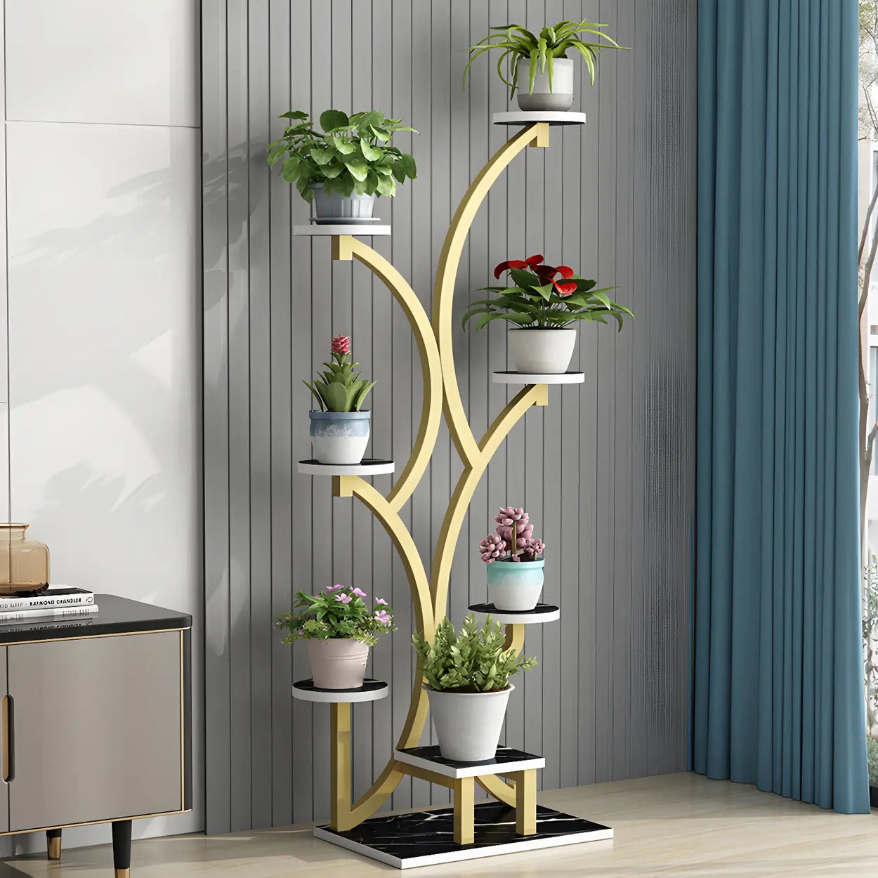 Tree-Shaped Black Metal Round Plant Stand