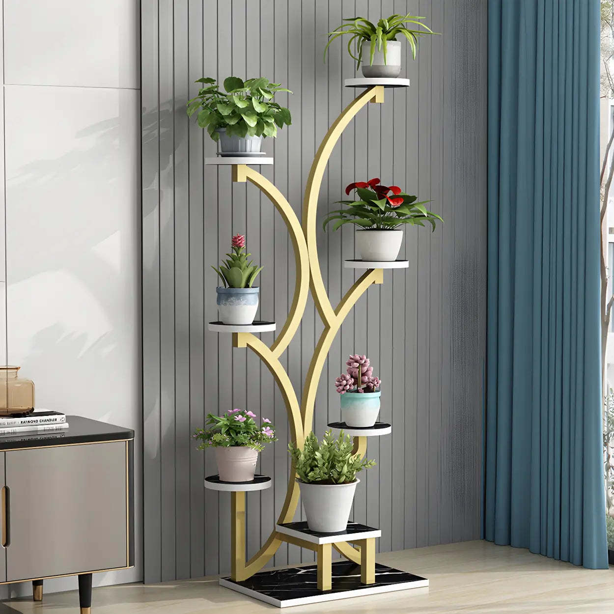 Tree-Shaped Black Metal Round Plant Stand