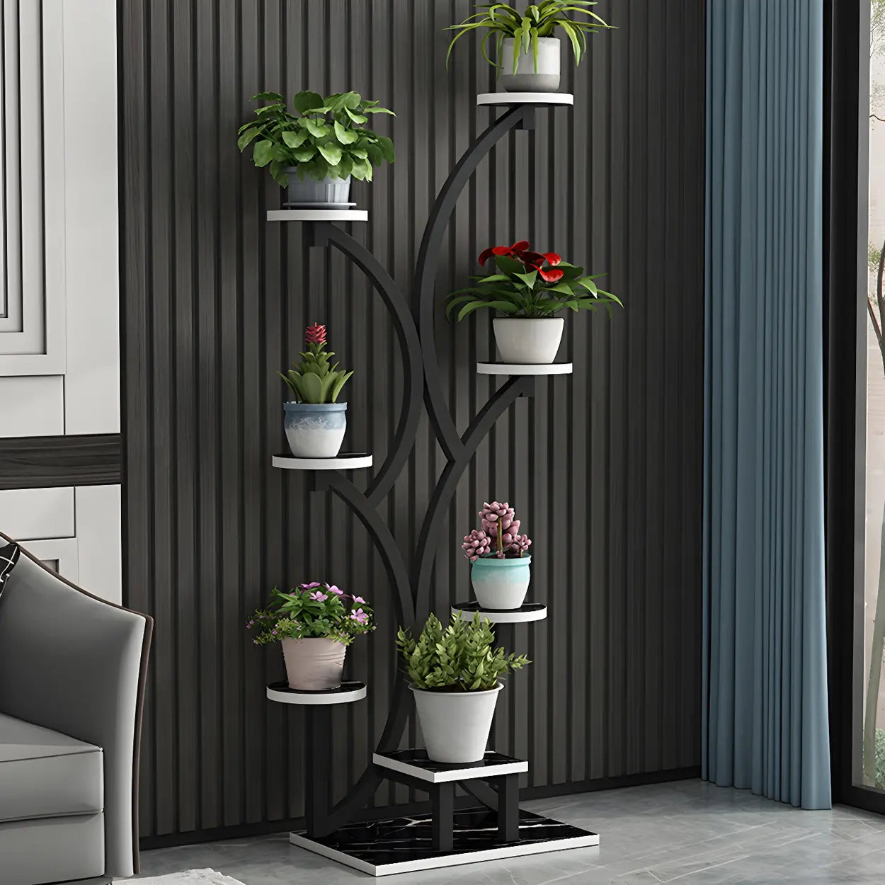 Tree-Shaped Black Metal Round Plant Stand