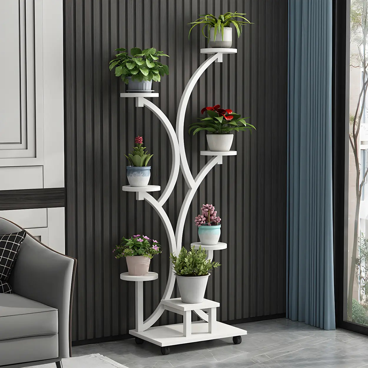 Tree-Shaped Black Metal Round Plant Stand — White