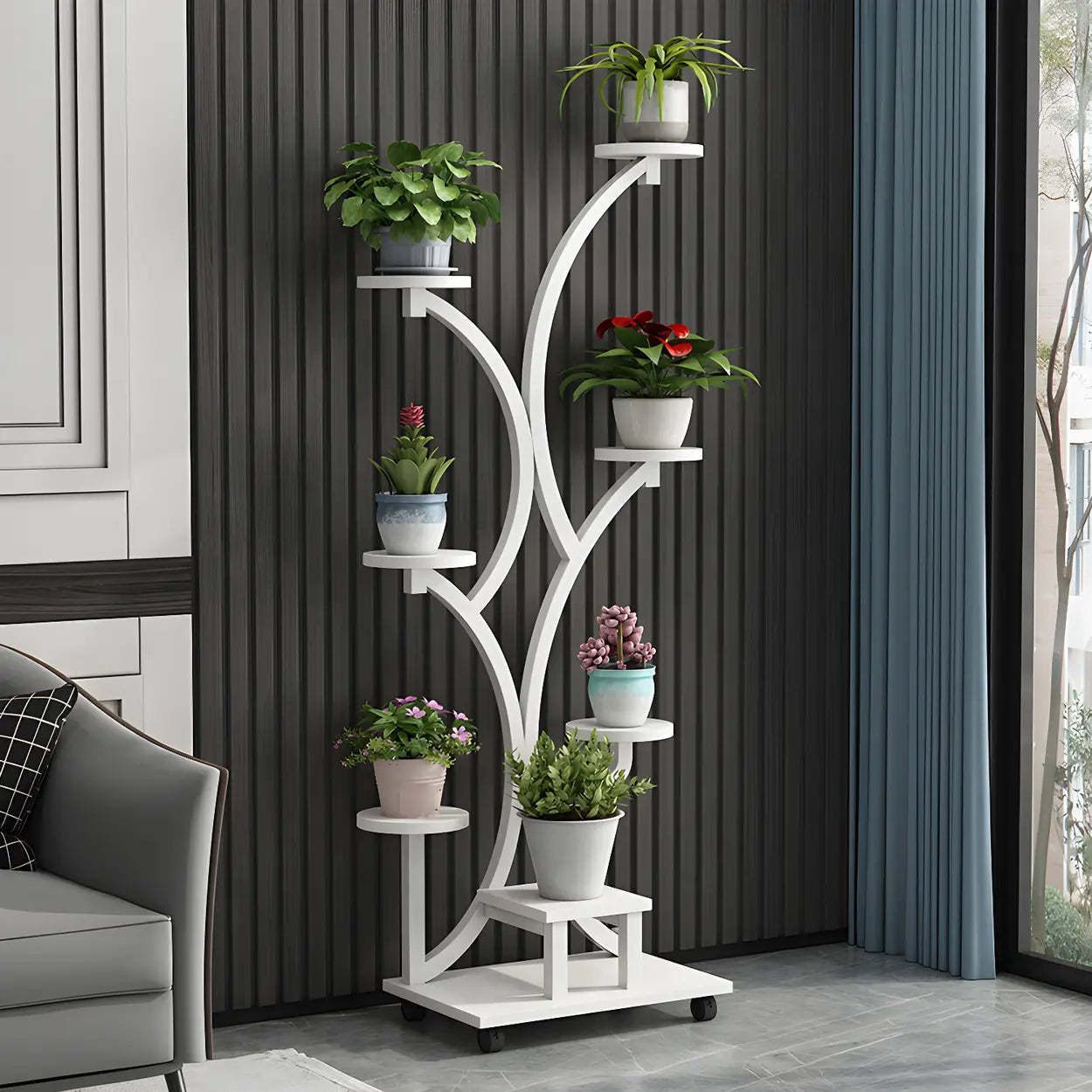Tree-Shaped Black Metal Round Plant Stand — White