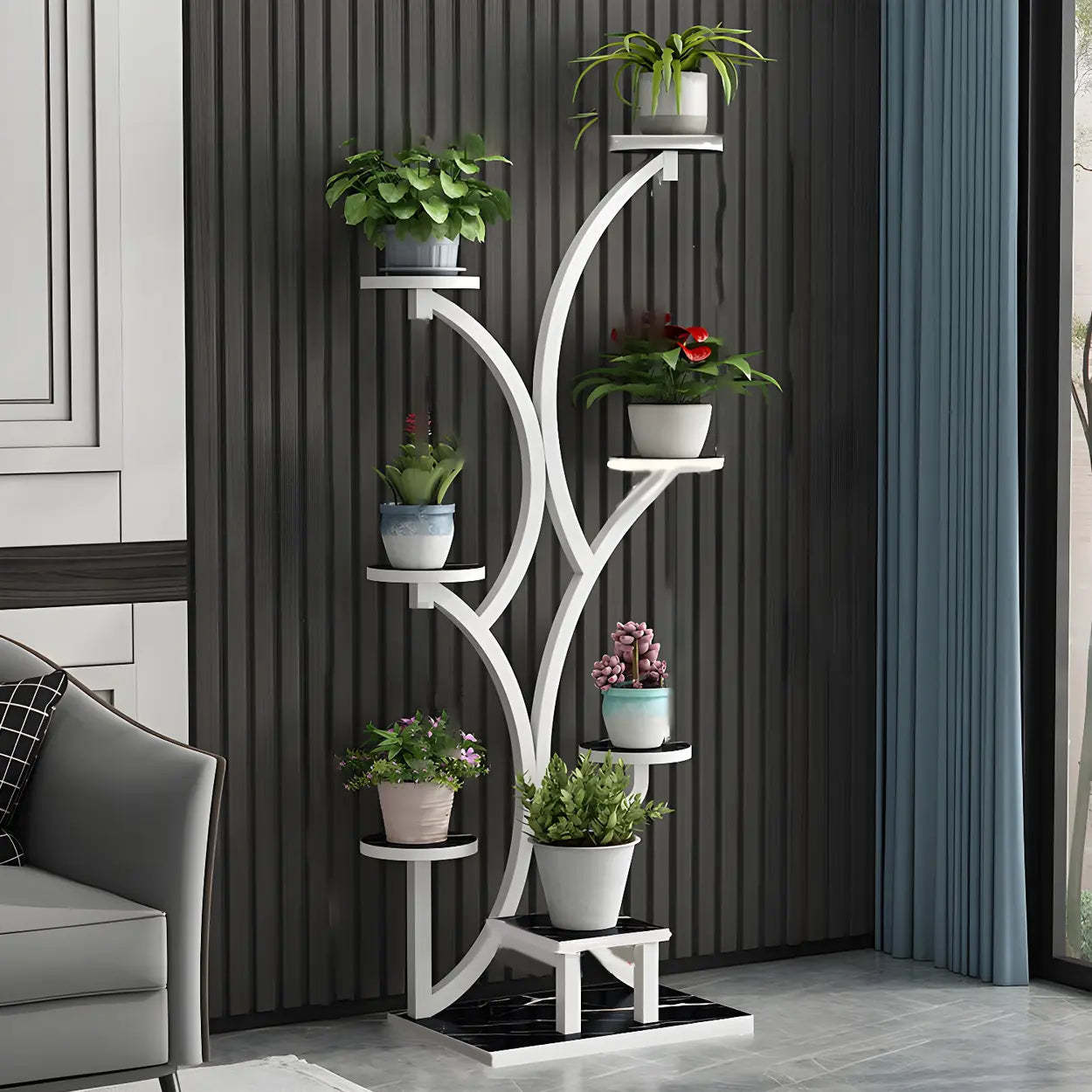 Tree-Shaped Black Metal Round Plant Stand — White-Brown