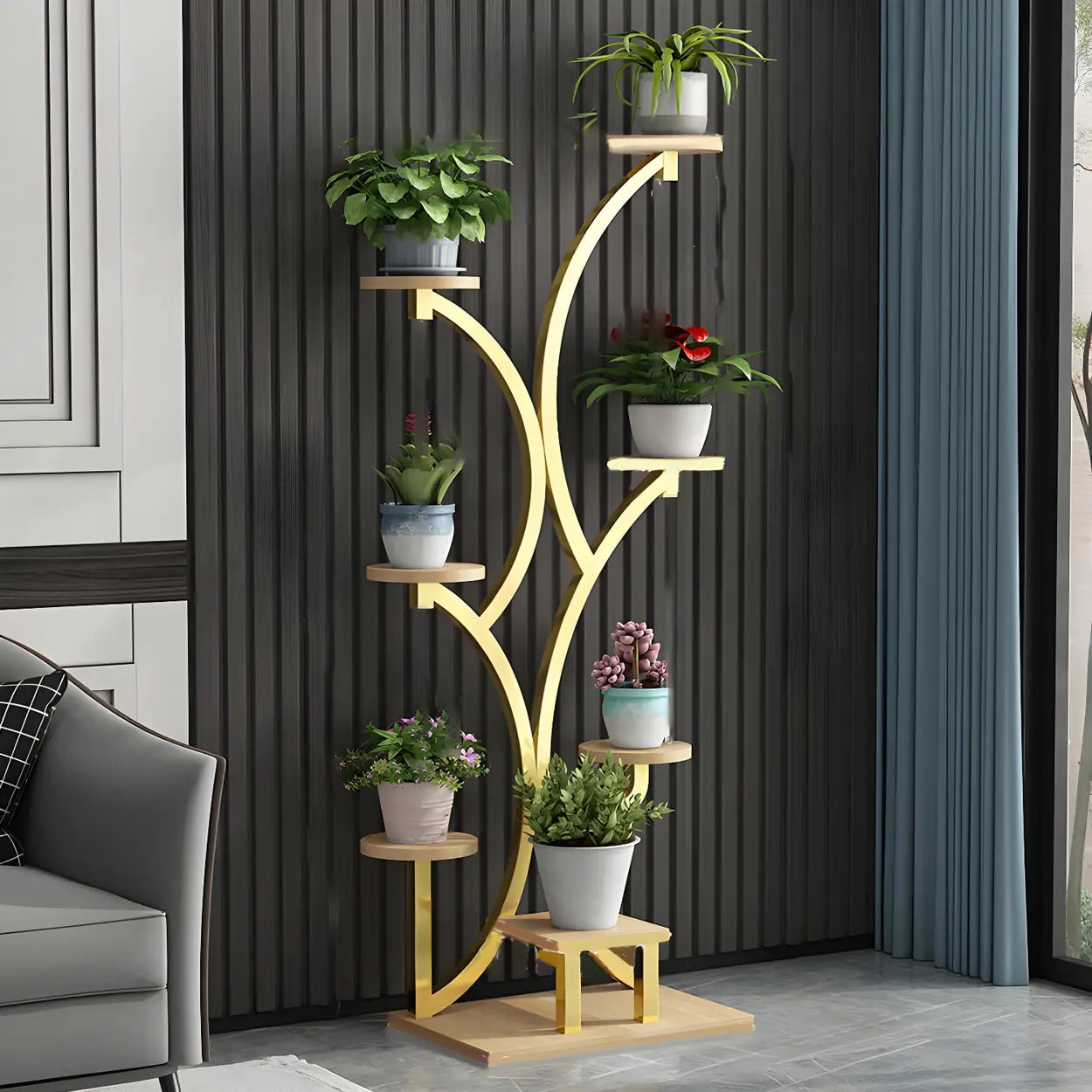 Tree-Shaped Black Metal Round Plant Stand — Gold-Black