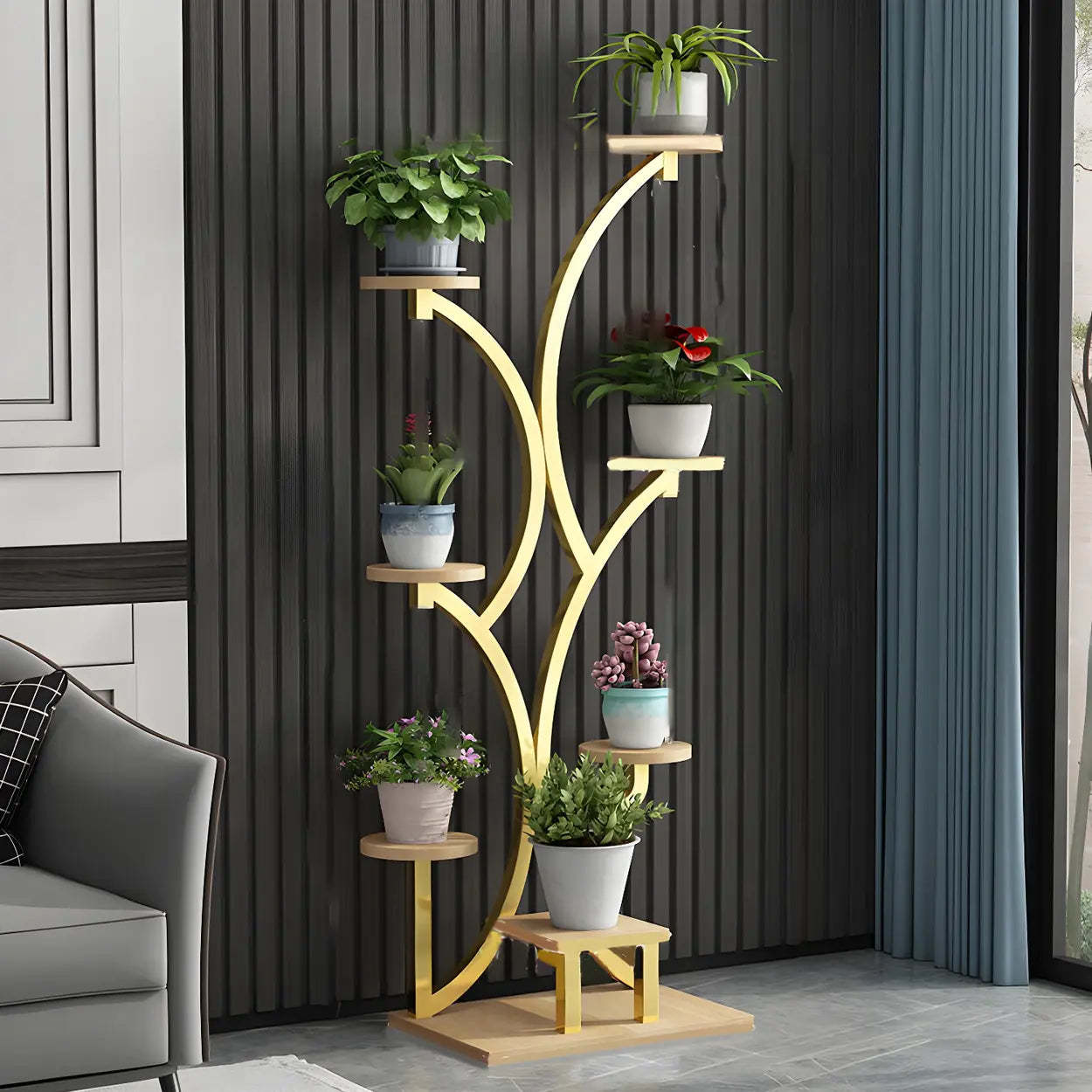 Tree-Shaped Black Metal Round Plant Stand — Gold-Black