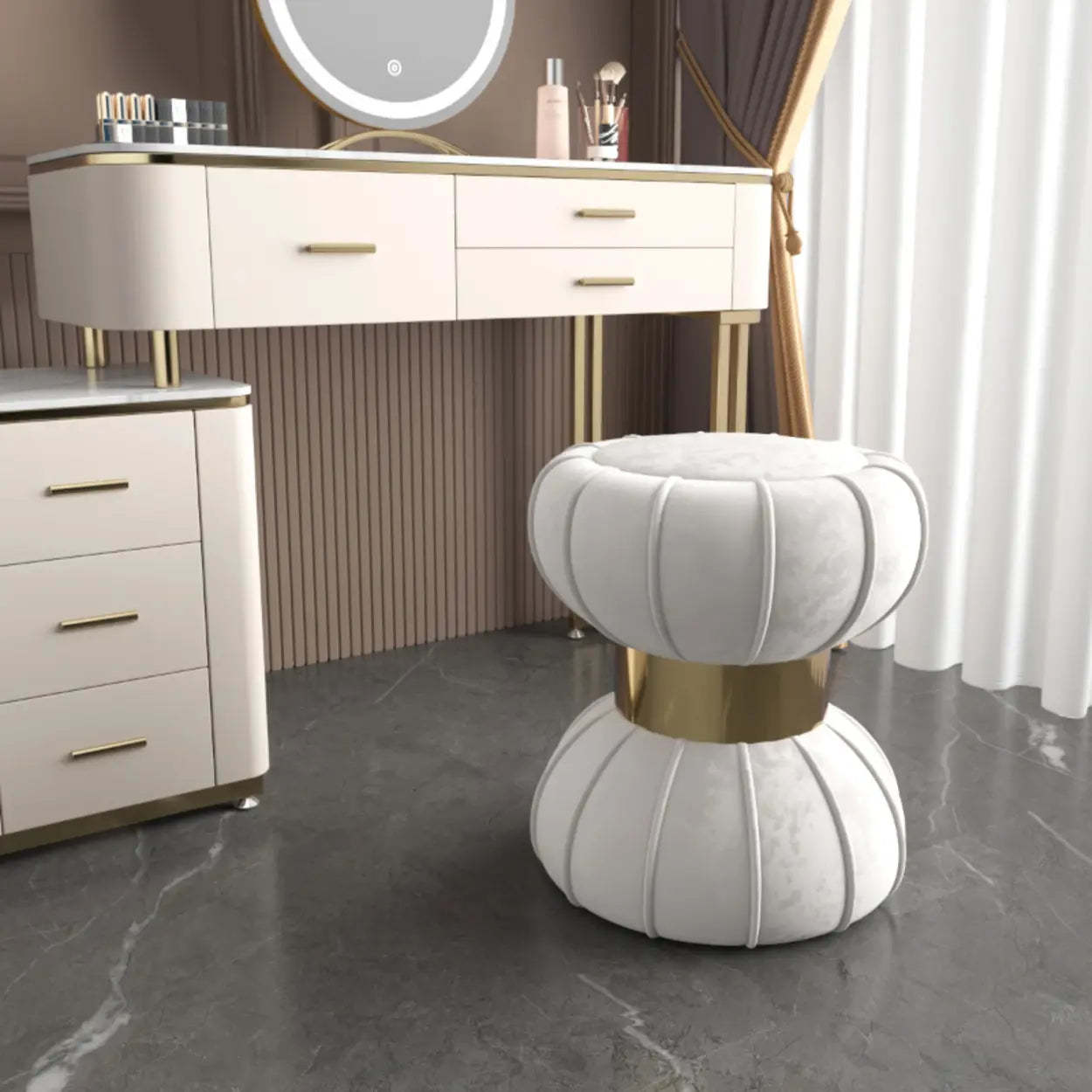 White Drum Velvet Upholstered Vanity Stool — White
