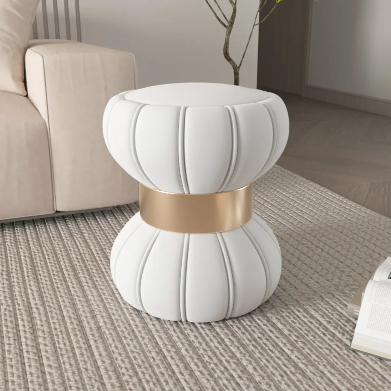 White Drum Velvet Upholstered Vanity Stool — Pink