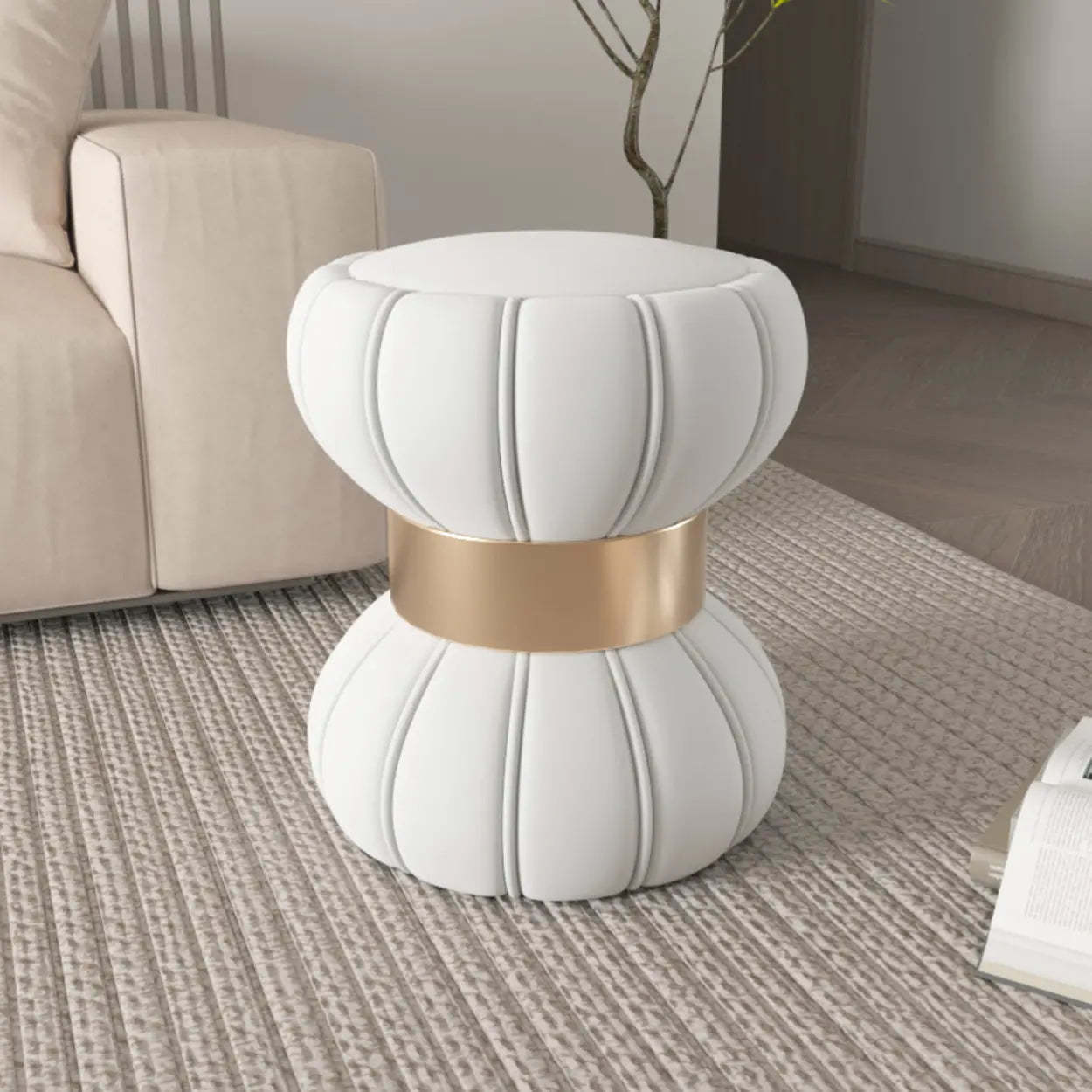 White Drum Velvet Upholstered Vanity Stool — Pink