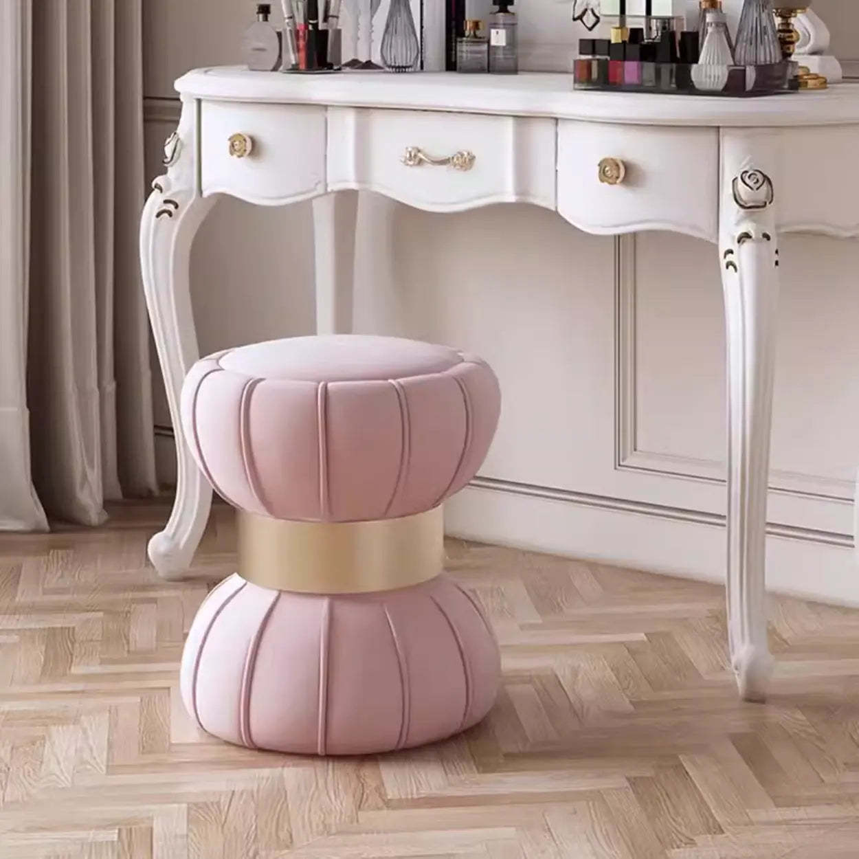 White Drum Velvet Upholstered Vanity Stool — Grey