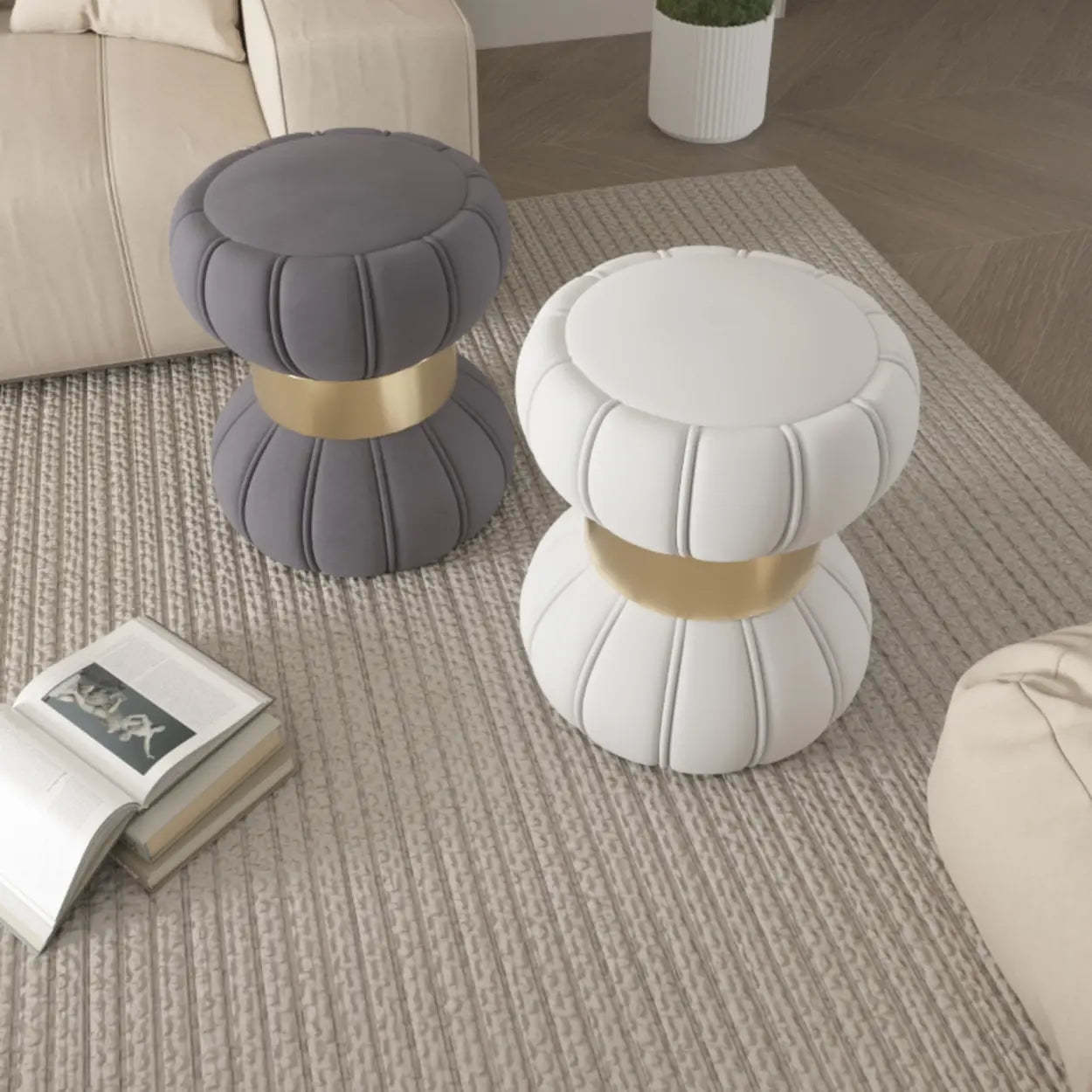 White Drum Velvet Upholstered Vanity Stool