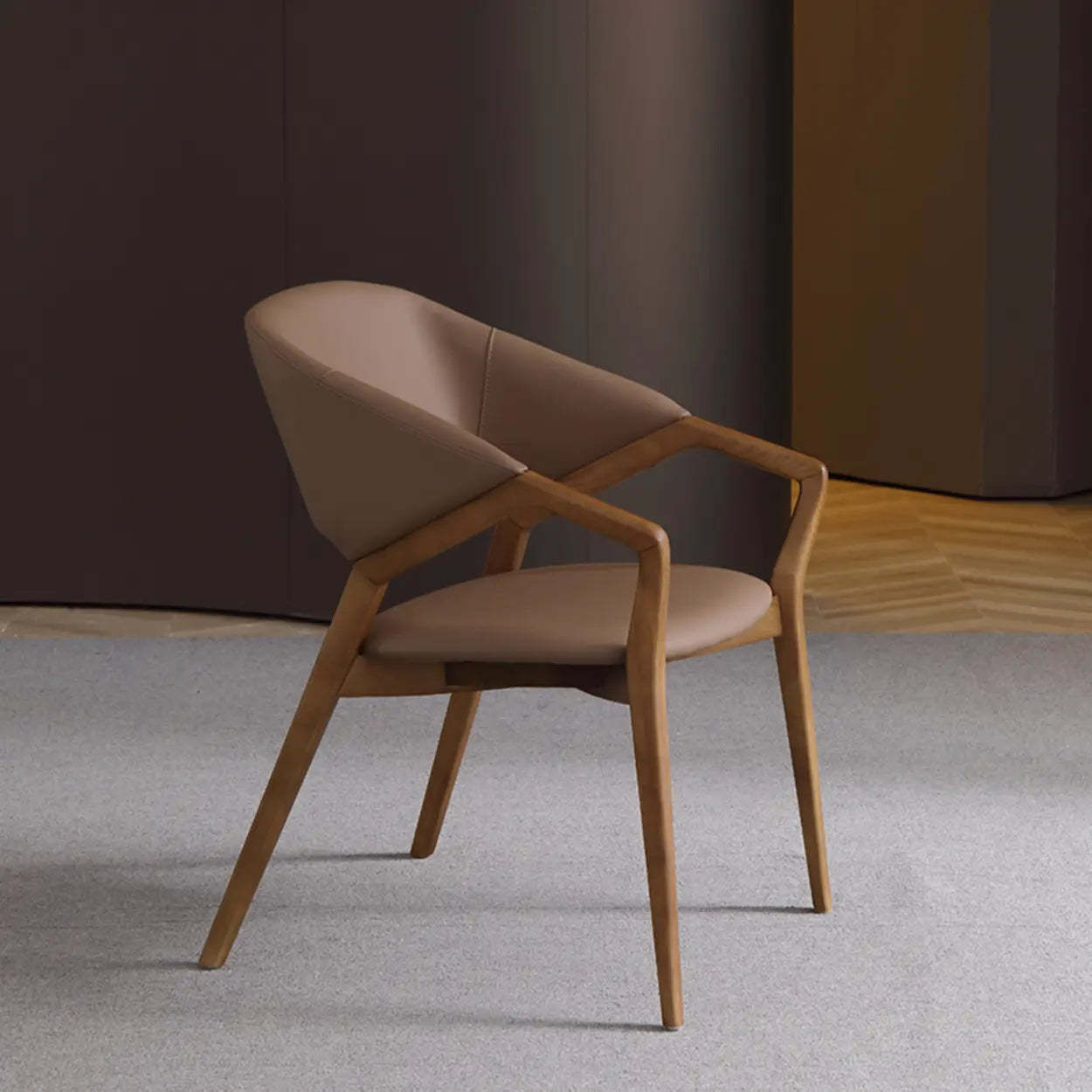 Curved-Back Leather Wood Frame Dining Chair — Dark Gray