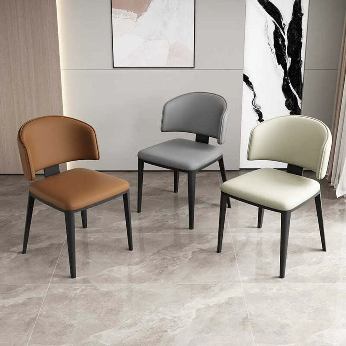 Curved-Back Armless Leather Dining Chair — Black