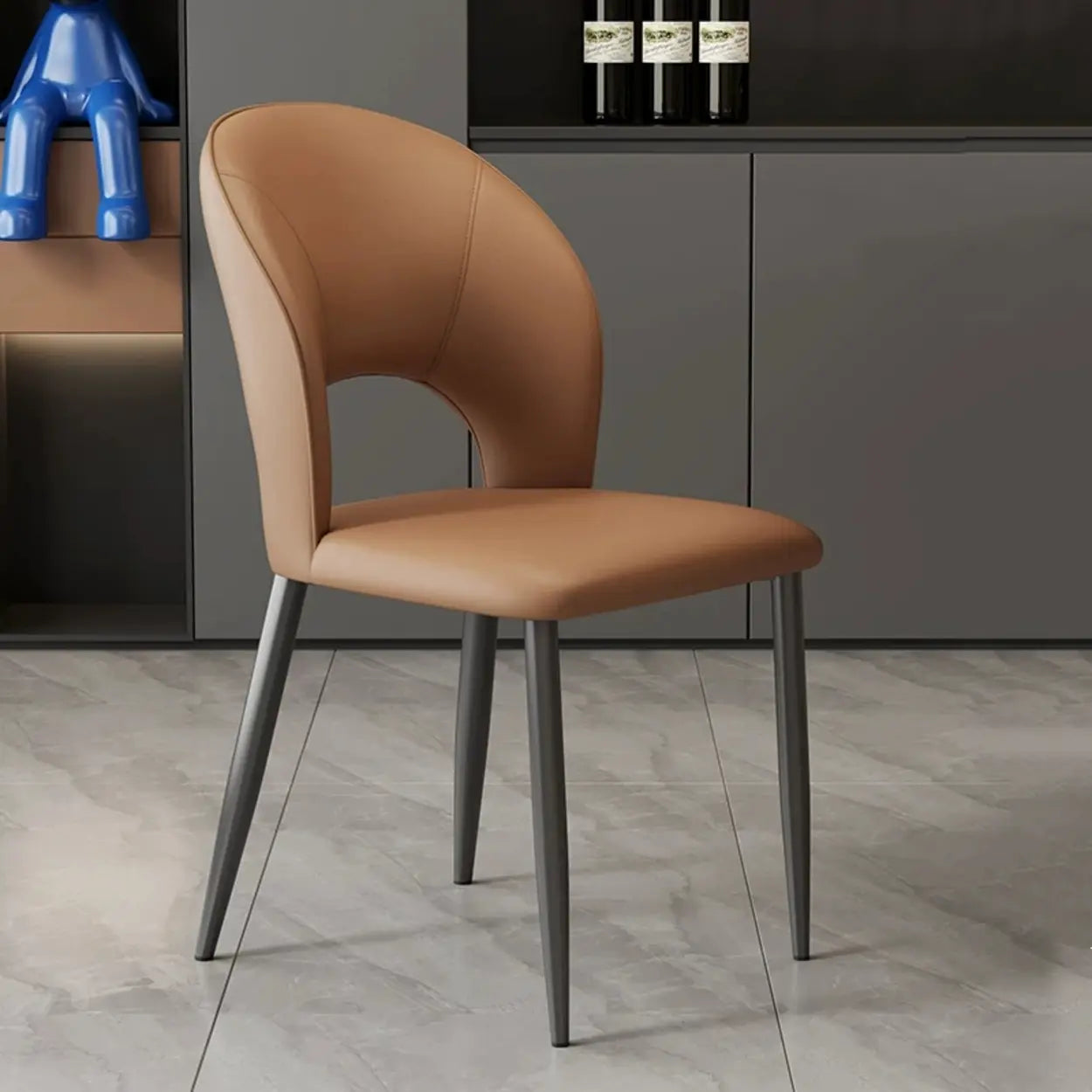 Curved-Back Brown Faux Leather Metal-Leg Dining Chair