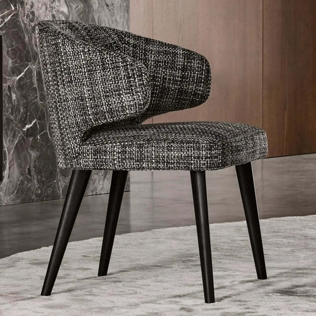 Black Curved-Back Upholstered Arm Dining Chair — Black and White