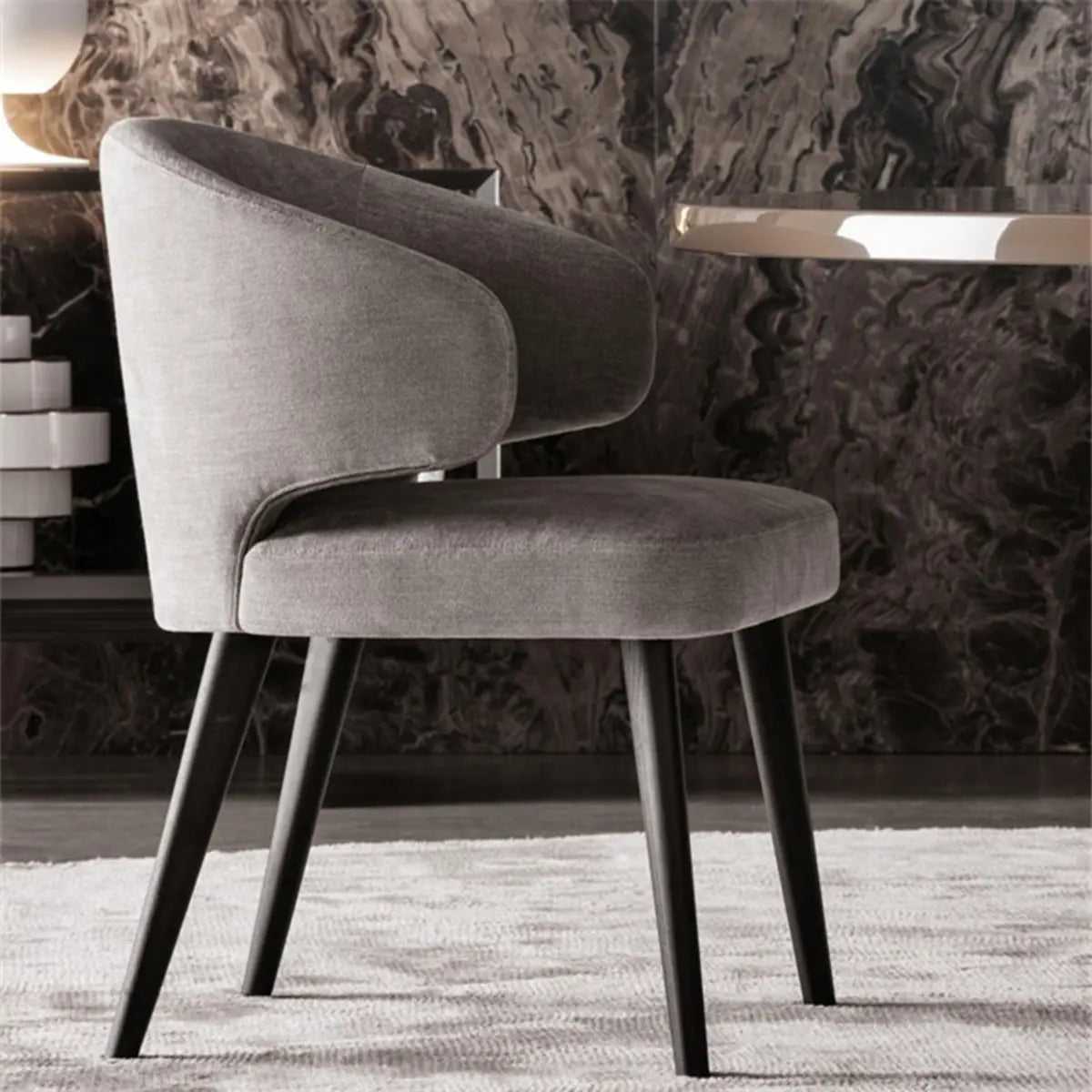Black Curved-Back Upholstered Arm Dining Chair — Grey