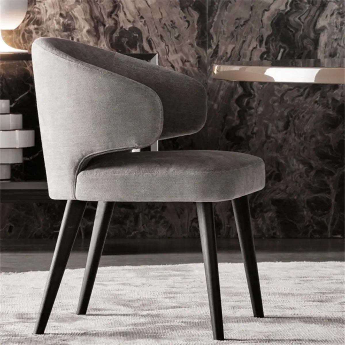Black Curved-Back Upholstered Arm Dining Chair — Grey