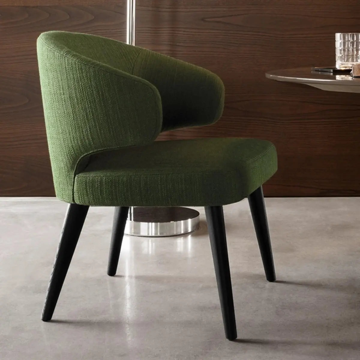 Black Curved-Back Upholstered Arm Dining Chair — Light Gray