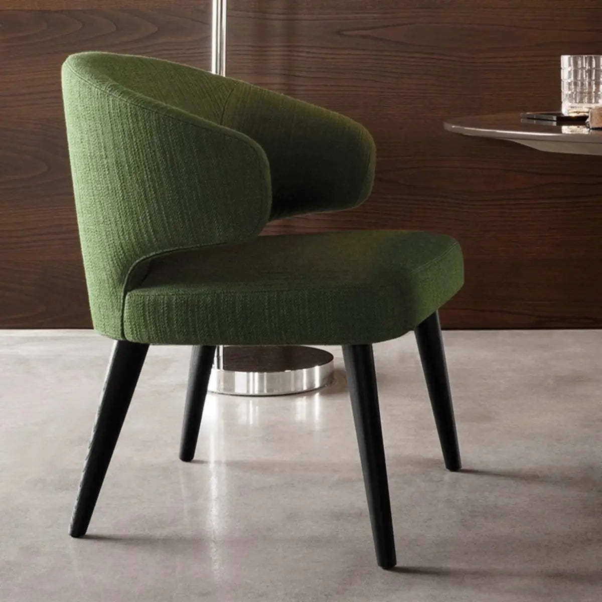 Black Curved-Back Upholstered Arm Dining Chair — Light Gray