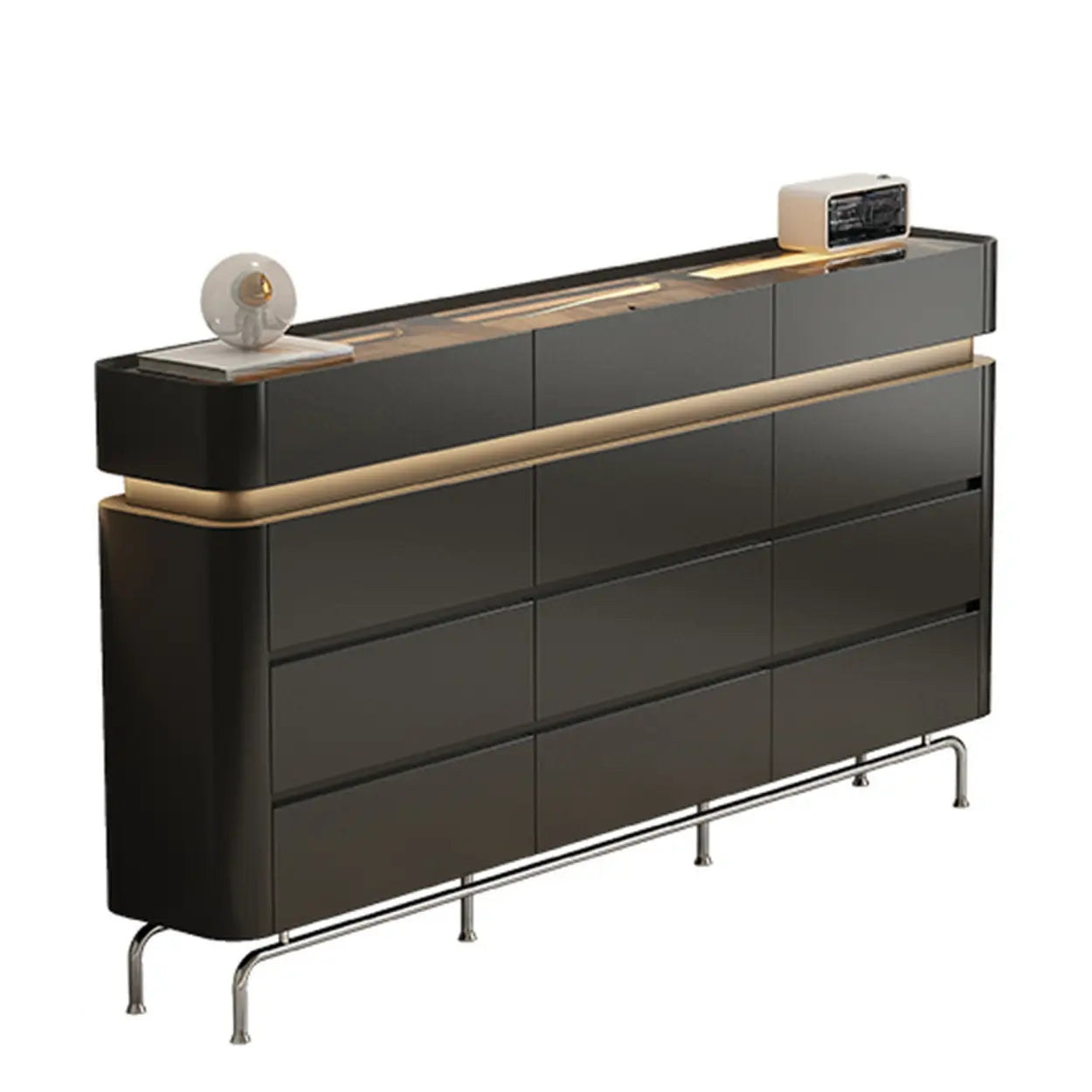Curved Cream Composite Wood Lighted Dresser — Black