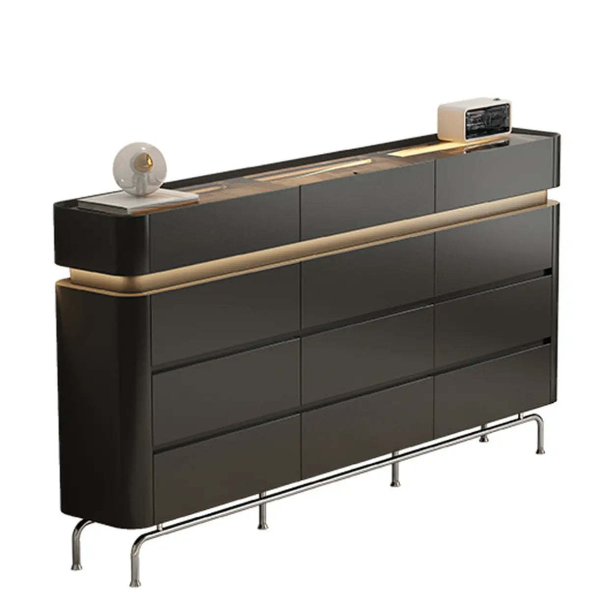 Curved Cream Composite Wood Lighted Dresser — Black